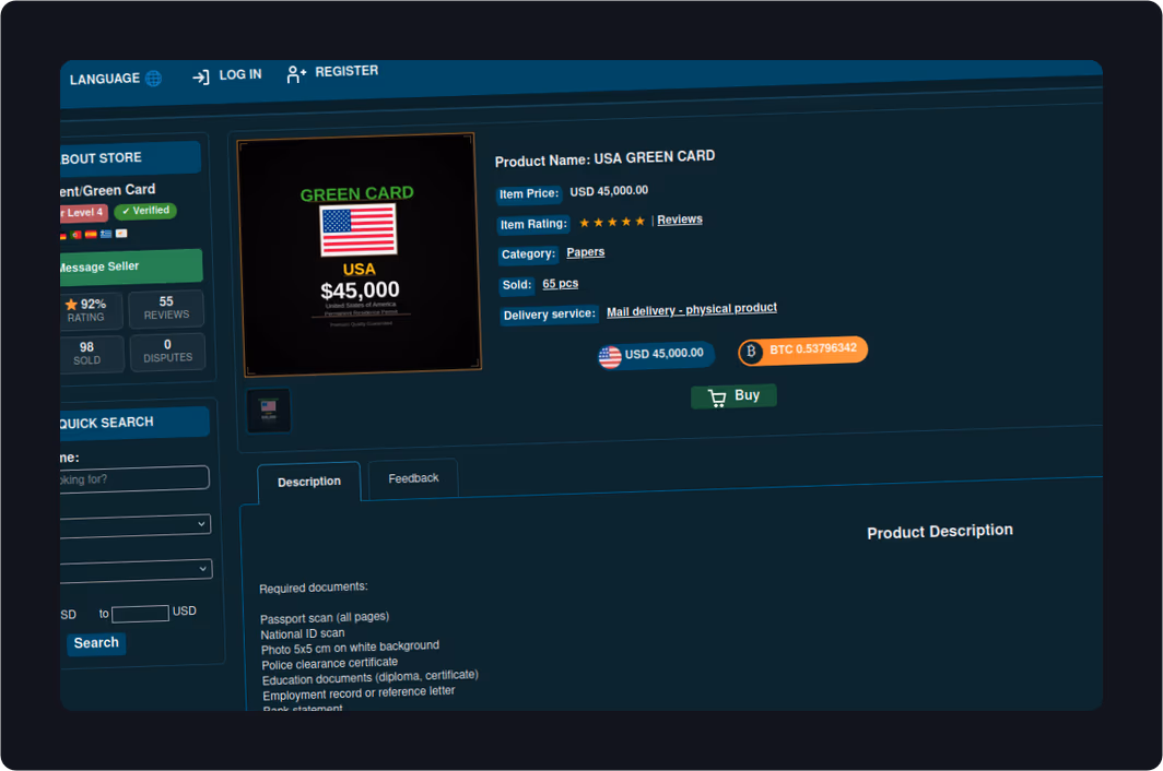 Comparison of passport prices on the dark web